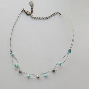 Blue Bead Floating Necklace Double Wire Illusion Chain Adjustable Extender Clasp